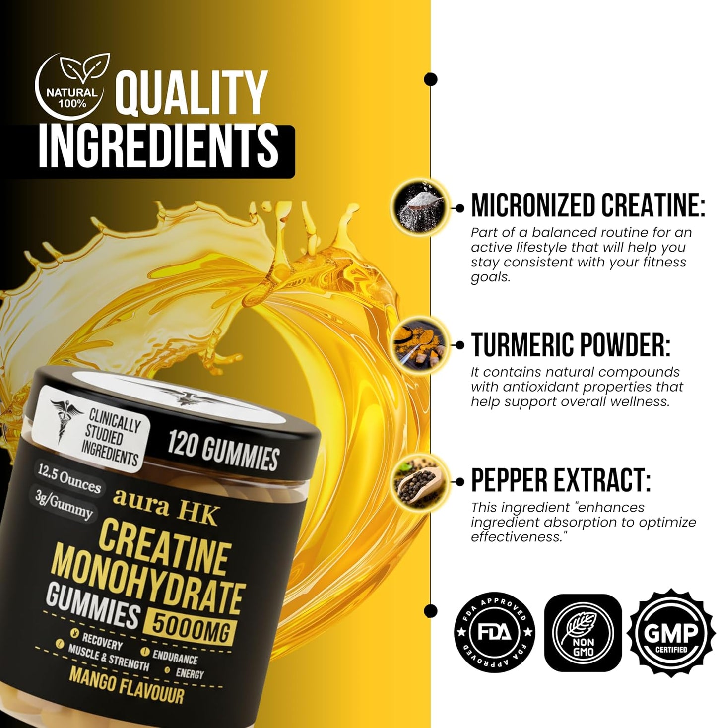 Sugar Free Creatine Monohydrate Gummies 5000Mg per Serving, Mango Flavor, with Turmeric Root & Black Pepper, Vegan Creatine Gummies for Men & Women, 120 Gummies, 30 Servings Creatine Gummies 5G