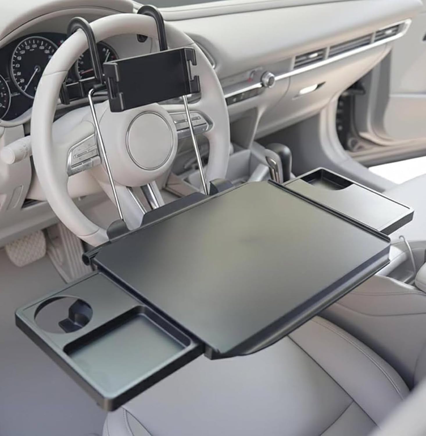 2-In-1 Car Steering Wheel Tray & Car Desk for Laptop with Phone Holder – Height Adjustable Steering Wheel Desk, Car Laptop Desk & Food Tray, Car Table Tray – Fits Cars, Suvs & Trucks