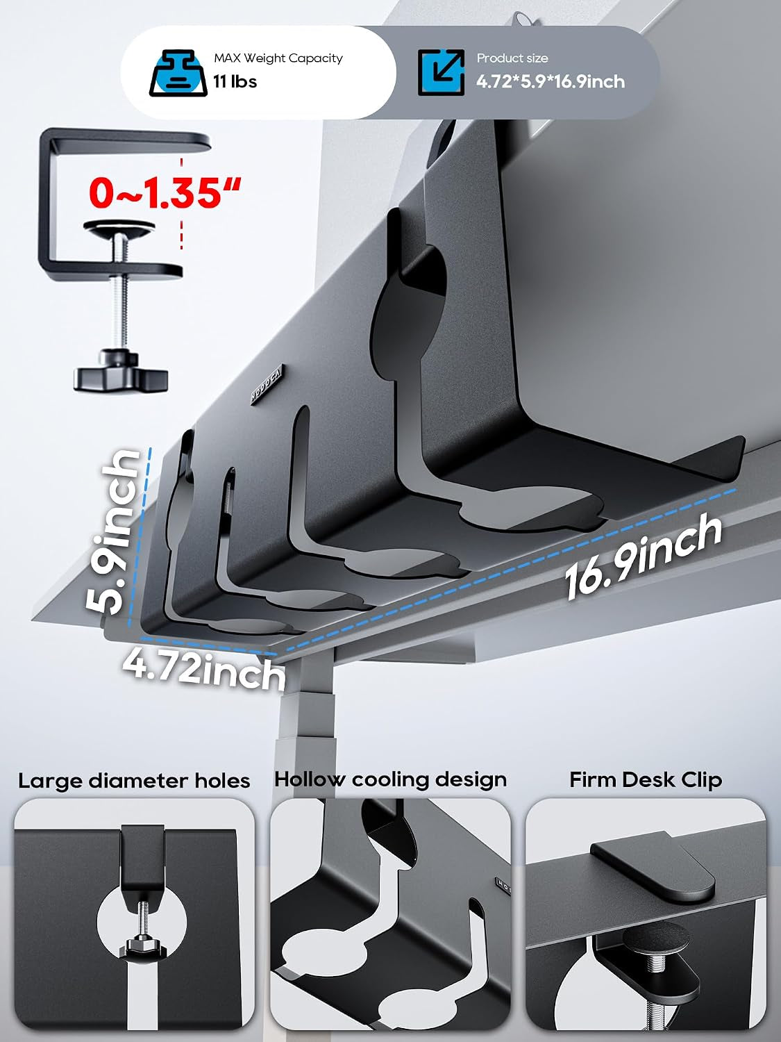 No Drill under Desk Cable Management Tray, 17'' Wire Management, Punch-Free Clamp On, Metal Cable Tray, Wire Organizer under Desk, under Desk Basket for Office and Home, Black