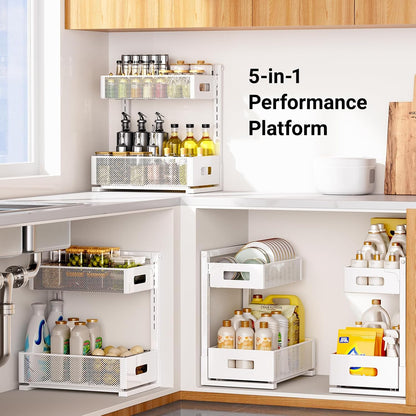 Pull-Out under Kitchen Sink Organizer, Metal Functional under Sink Organizer, Height Adjustable under Bathroom Sink Organizer, under Sink Storage for Kitchen Bathroom Cabinet (White)