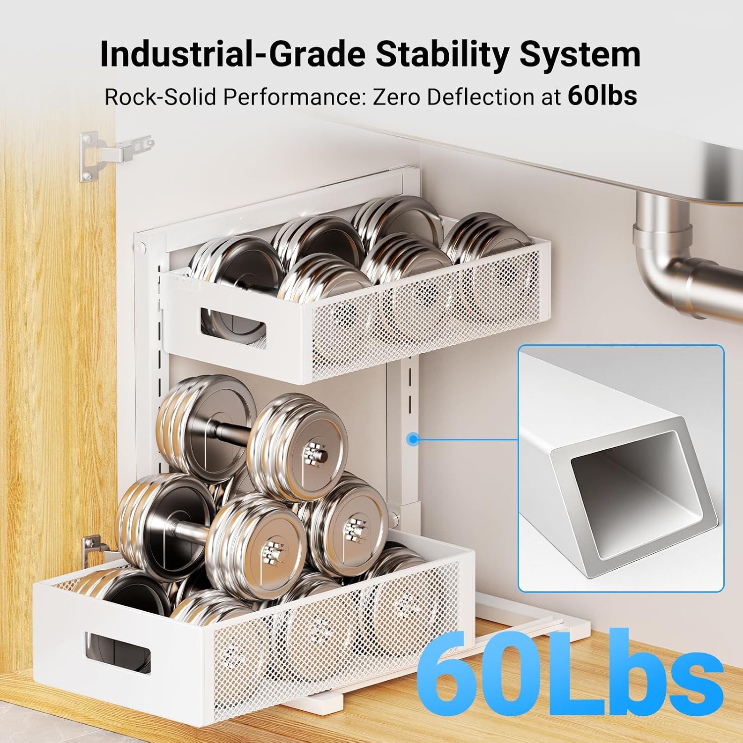 Pull-Out under Kitchen Sink Organizer, Metal Functional under Sink Organizer, Height Adjustable under Bathroom Sink Organizer, under Sink Storage for Kitchen Bathroom Cabinet (White)