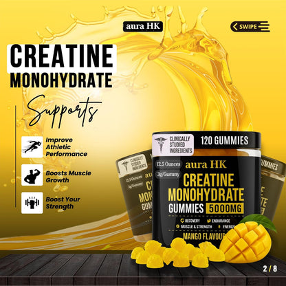 Sugar Free Creatine Monohydrate Gummies 5000Mg per Serving, Mango Flavor, with Turmeric Root & Black Pepper, Vegan Creatine Gummies for Men & Women, 120 Gummies, 30 Servings Creatine Gummies 5G