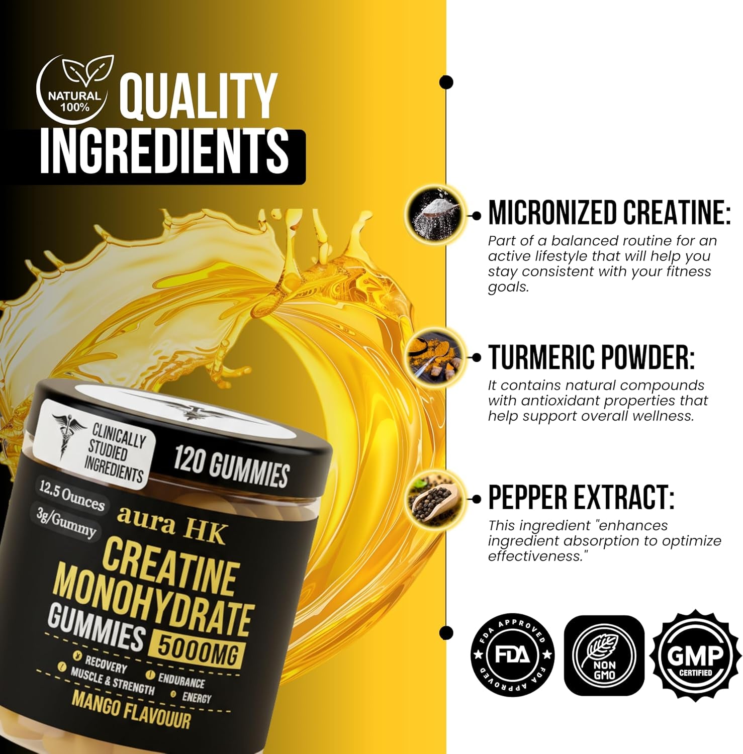 Sugar Free Creatine Monohydrate Gummies 5000Mg per Serving, Mango Flavor, with Turmeric Root & Black Pepper, Vegan Creatine Gummies for Men & Women, 120 Gummies, 30 Servings Creatine Gummies 5G