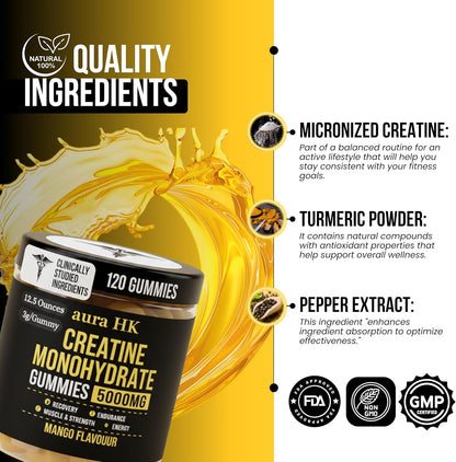Sugar Free Creatine Monohydrate Gummies 5000Mg per Serving, Mango Flavor, with Turmeric Root & Black Pepper, Vegan Creatine Gummies for Men & Women, 120 Gummies, 30 Servings Creatine Gummies 5G
