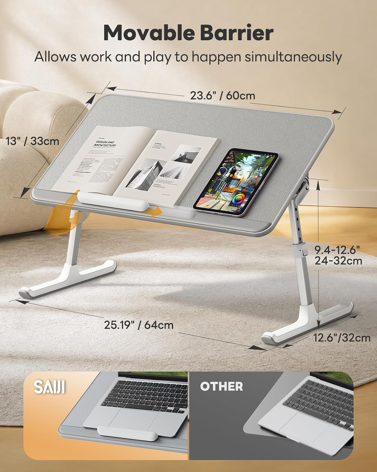 Non-Slip Leather Laptop Bed Tray Table,Lap Desk with Laptop Stopper | Portable Height & Angle Adjustable Laptop Stand with Foldable Legs, Notebook Stand Reading Desk for Sofa Couch