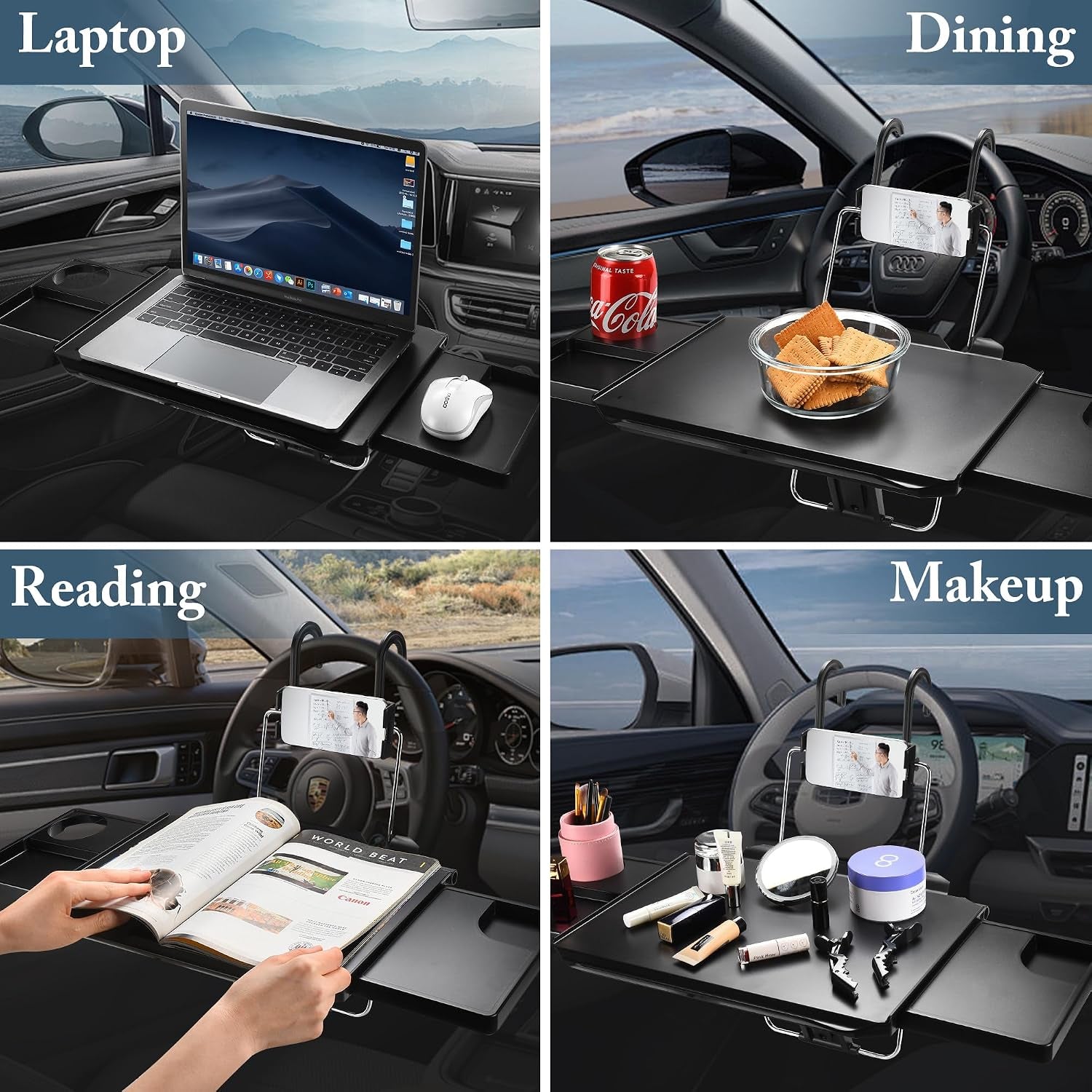 2-In-1 Car Steering Wheel Tray & Car Desk for Laptop with Phone Holder – Height Adjustable Steering Wheel Desk, Car Laptop Desk & Food Tray, Car Table Tray – Fits Cars, Suvs & Trucks