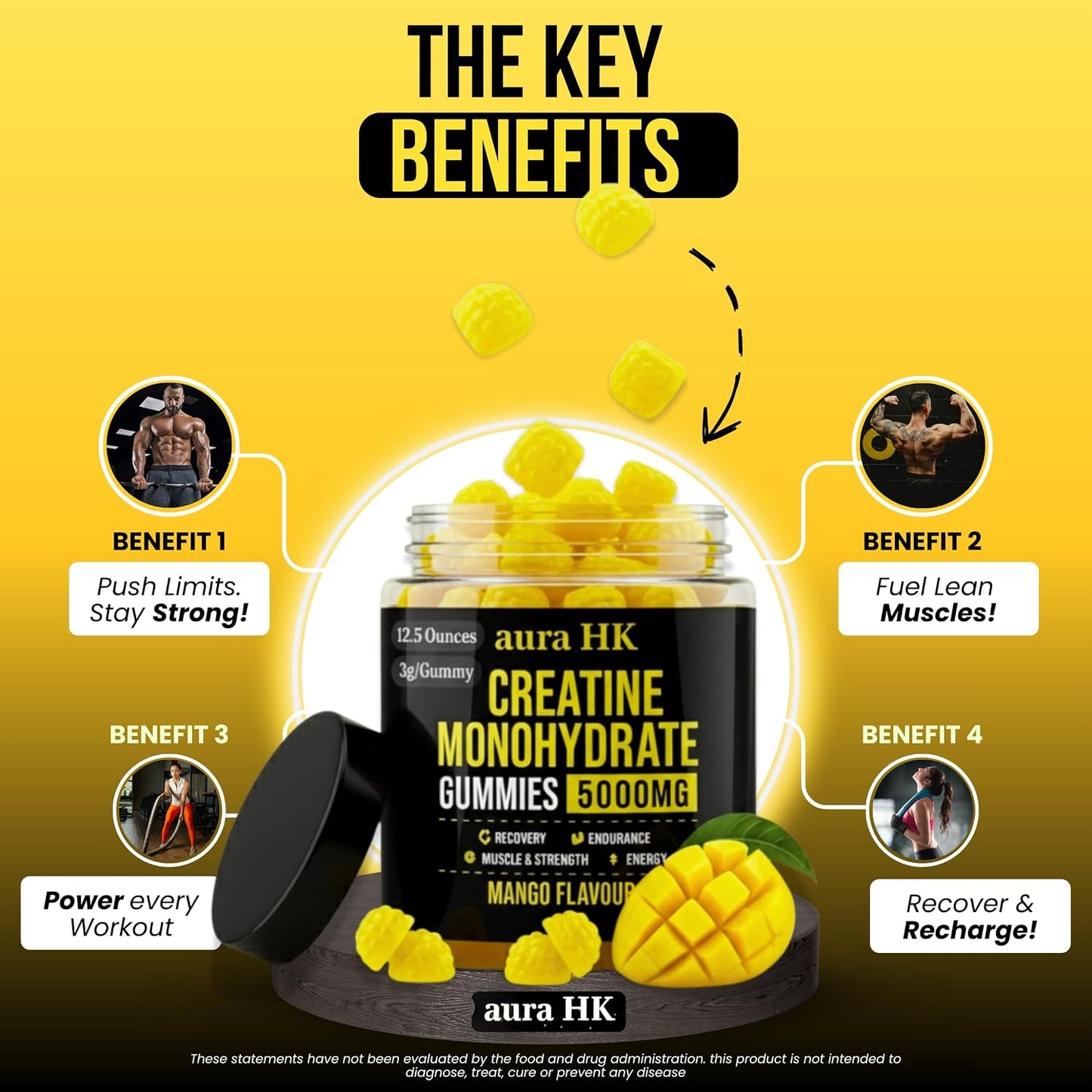 Sugar Free Creatine Monohydrate Gummies 5000Mg per Serving, Mango Flavor, with Turmeric Root & Black Pepper, Vegan Creatine Gummies for Men & Women, 120 Gummies, 30 Servings Creatine Gummies 5G