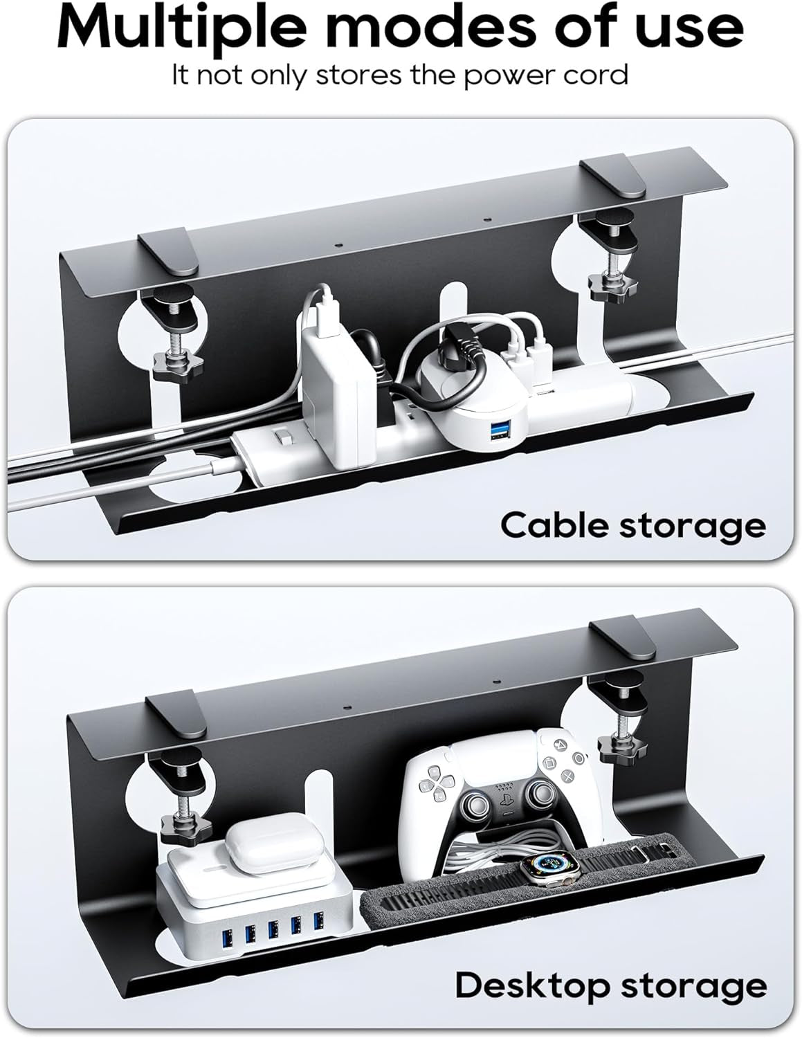 No Drill under Desk Cable Management Tray, 17'' Wire Management, Punch-Free Clamp On, Metal Cable Tray, Wire Organizer under Desk, under Desk Basket for Office and Home, Black