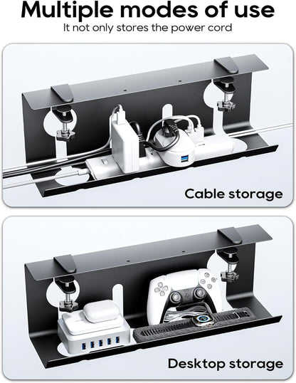 No Drill under Desk Cable Management Tray, 17'' Wire Management, Punch-Free Clamp On, Metal Cable Tray, Wire Organizer under Desk, under Desk Basket for Office and Home, Black