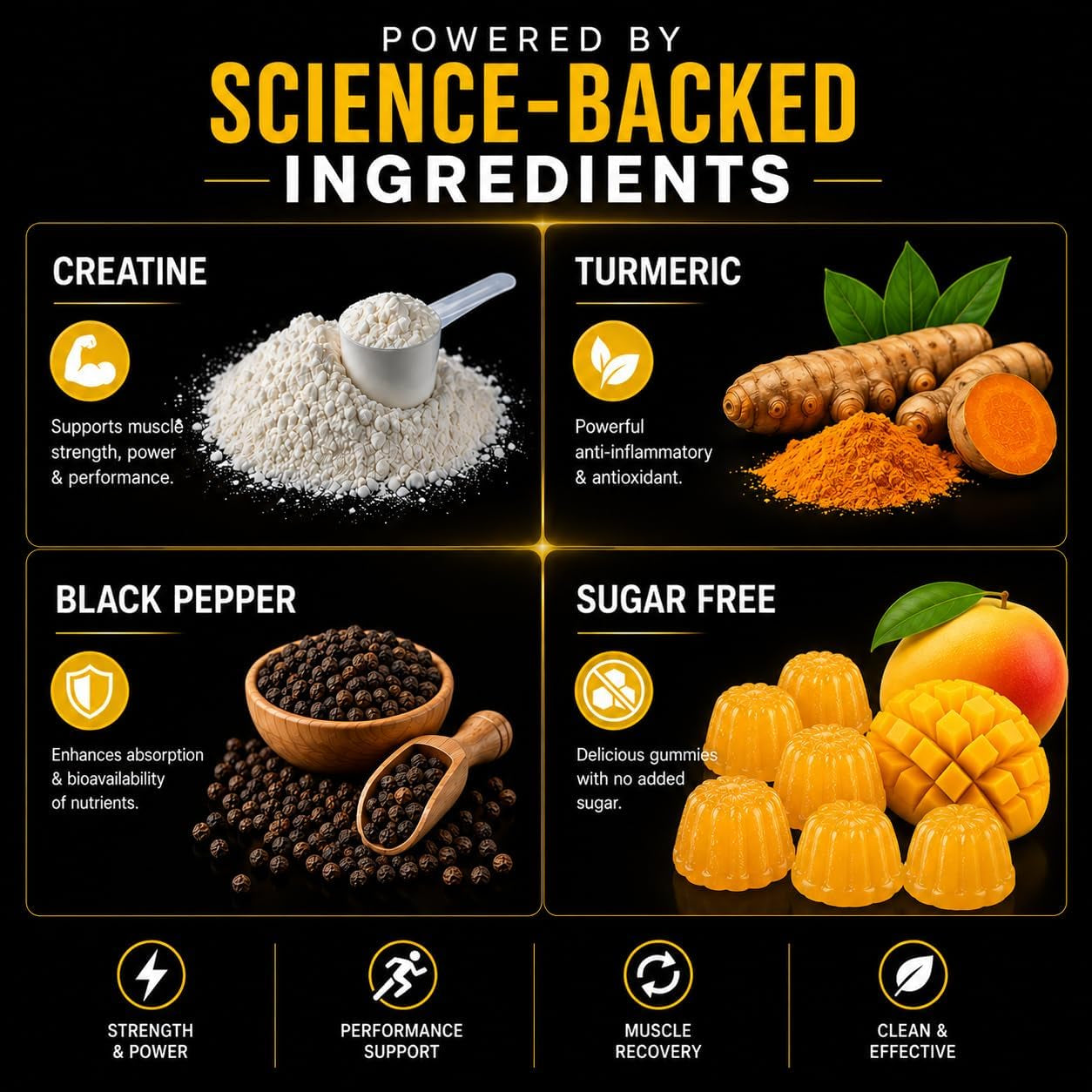 Sugar Free Creatine Monohydrate Gummies 5000Mg per Serving, Mango Flavor, with Turmeric Root & Black Pepper, Vegan Creatine Gummies for Men & Women, 120 Gummies, 30 Servings Creatine Gummies 5G