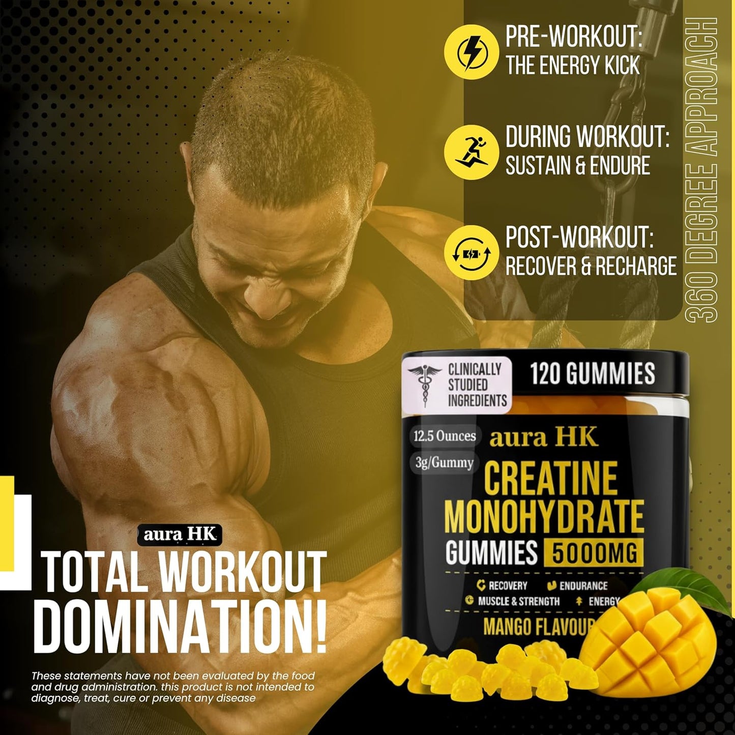 Sugar Free Creatine Monohydrate Gummies 5000Mg per Serving, Mango Flavor, with Turmeric Root & Black Pepper, Vegan Creatine Gummies for Men & Women, 120 Gummies, 30 Servings Creatine Gummies 5G