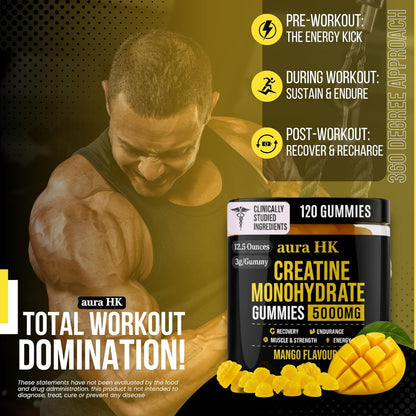 Sugar Free Creatine Monohydrate Gummies 5000Mg per Serving, Mango Flavor, with Turmeric Root & Black Pepper, Vegan Creatine Gummies for Men & Women, 120 Gummies, 30 Servings Creatine Gummies 5G