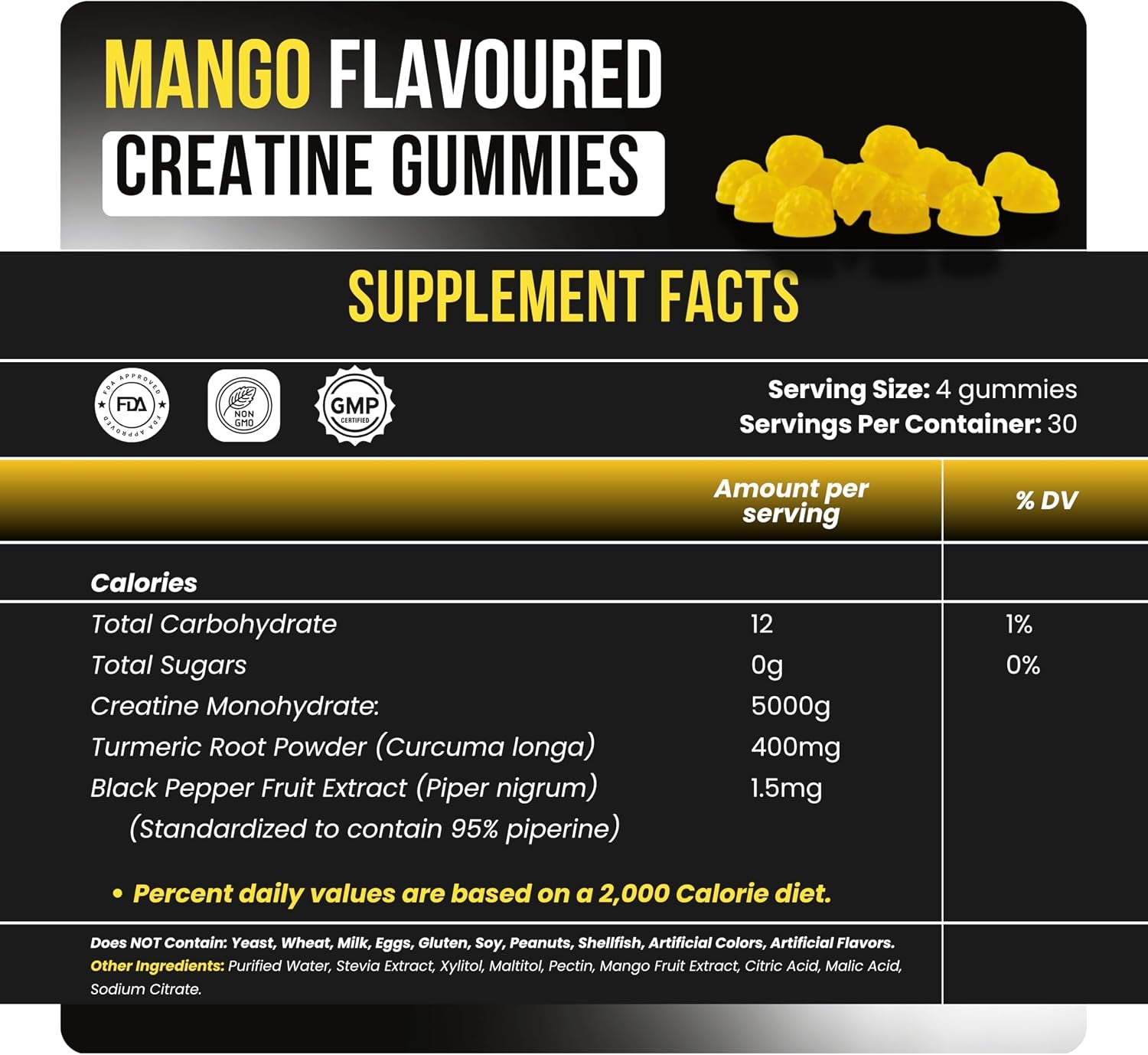Sugar Free Creatine Monohydrate Gummies 5000Mg per Serving, Mango Flavor, with Turmeric Root & Black Pepper, Vegan Creatine Gummies for Men & Women, 120 Gummies, 30 Servings Creatine Gummies 5G
