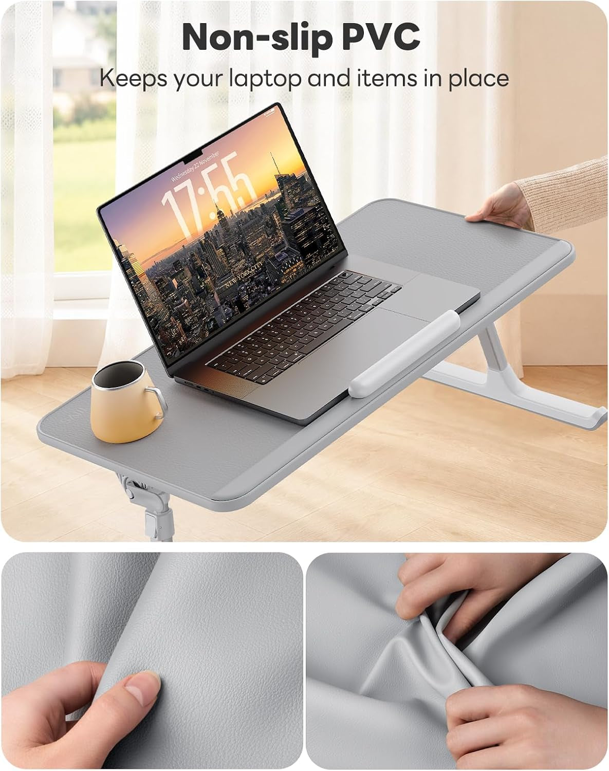 Non-Slip Leather Laptop Bed Tray Table,Lap Desk with Laptop Stopper | Portable Height & Angle Adjustable Laptop Stand with Foldable Legs, Notebook Stand Reading Desk for Sofa Couch