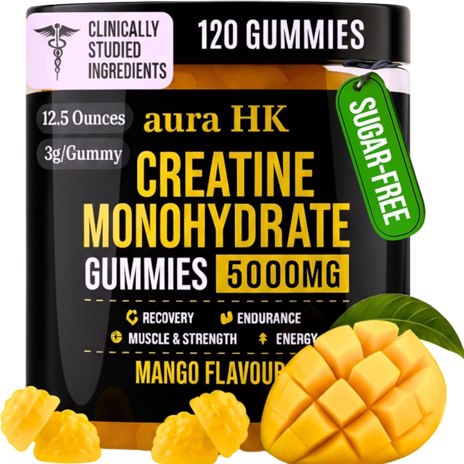 Sugar Free Creatine Monohydrate Gummies 5000Mg per Serving, Mango Flavor, with Turmeric Root & Black Pepper, Vegan Creatine Gummies for Men & Women, 120 Gummies, 30 Servings Creatine Gummies 5G